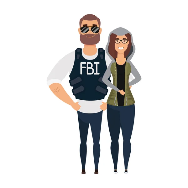 Joven agente del FBI hombre con personajes de mujer — Vector de stock
