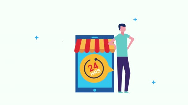 jeune homme d'affaires avec smartphone et icônes du commerce électronique 