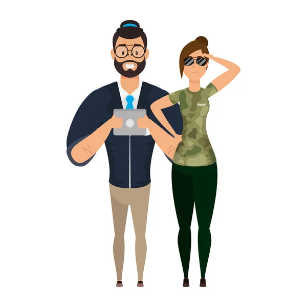 Young man bearded with military female agent — Stock Vector