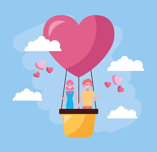 Valentijnsdag viering met liefhebbers in ballon lucht warm — Stockvector