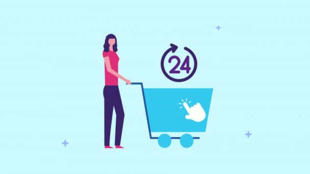 Young businesswoman with shopping cart and 24 hours service — Stok video