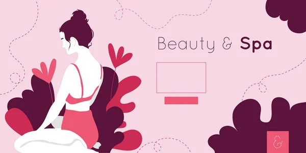Schönheits- und Wellnesskarte mit Frau und Blattpflanze — Stockvektor