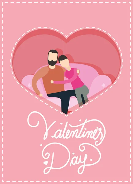 Felice giornata di San Valentino con gli amanti coppia sul divano — Vettoriale Stock