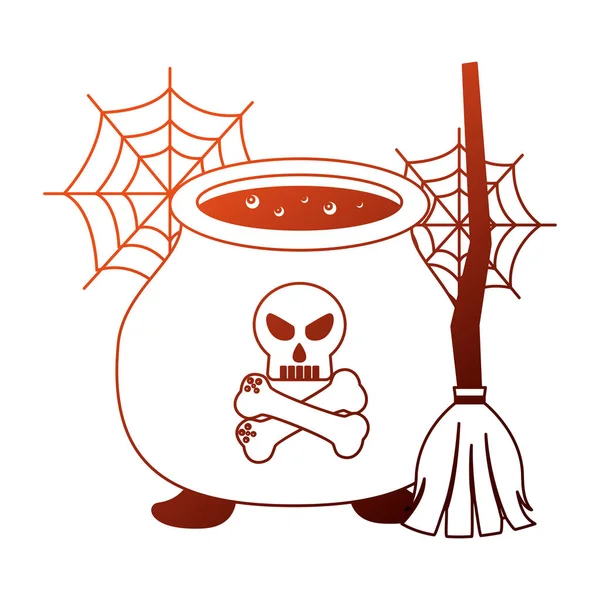 Halloween cauldron with skull and broom witch — Stock Vector