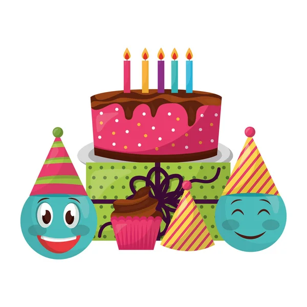 Emojis com doce bolo e objetos kawaii personagem ícone — Vetor de Stock