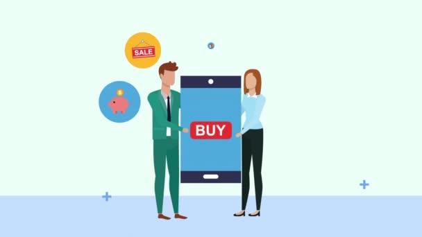 Jong zakenkoppel met smartphone en e-commerce pictogrammen — Stockvideo