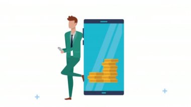 Akıllı telefonu ve bozuk paraları olan genç bir işadamı.