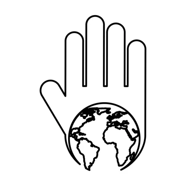 Mano umana con l'icona della silhouette del pianeta mondiale — Vettoriale Stock