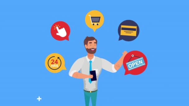 Jonge zakenman met smartphone en e-commerce iconen — Stockvideo