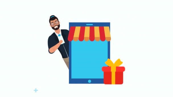 Hombre de negocios con smartphone y regalo — Vídeos de Stock