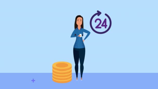 Junge Geschäftsfrau mit Pfeil 24 Stunden und Münzen — Stockvideo