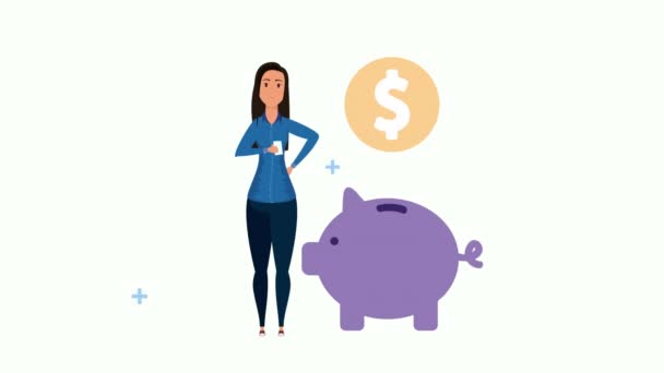 Молода бізнес-леді зі свинячими заощадженнями — стокове відео