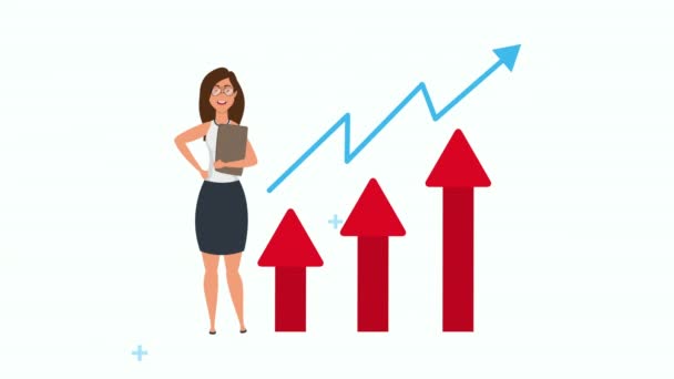 Mladá podnikatelka se šipkami statistiky — Stock video