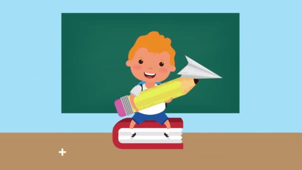 Terug naar schoolseizoen met boek en jongen — Stockvideo
