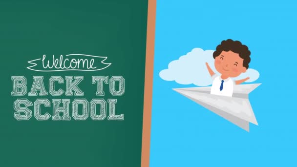 Back to school season with boy flying in paper airplane — Stock Video