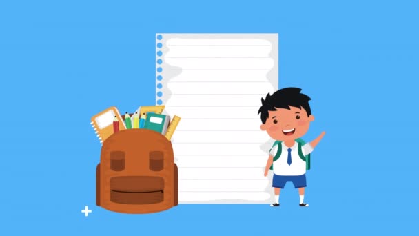 Terug naar schoolseizoen met jongen en schooltas — Stockvideo