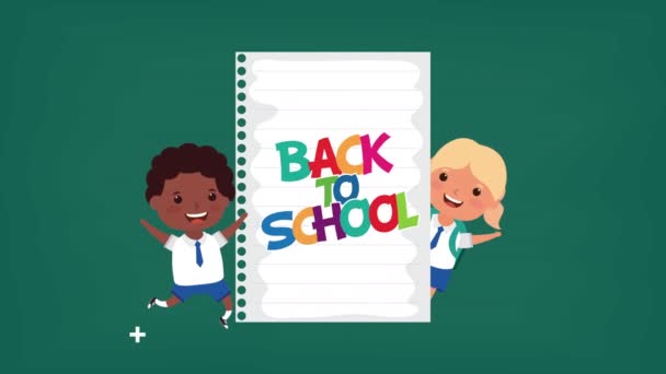 Back to school season with interracial kids and paper sheet — Stock Video