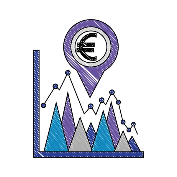 Coin euro in pin pointer location with statistical graphic — Stock Vector