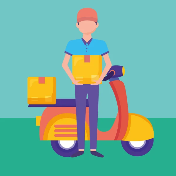 Logistic delivery service with courier and motorcycle — Stok Vektör