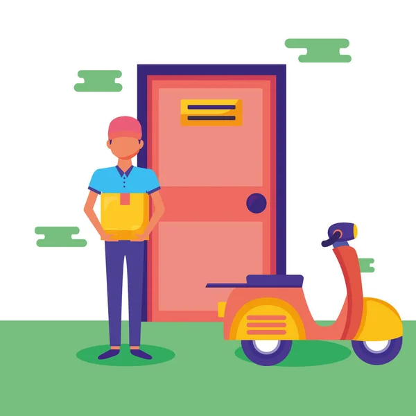 Logistic delivery service with house door and courier — ストックベクタ