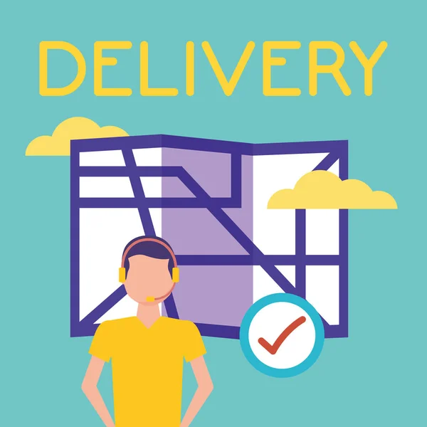 Servizio di consegna logistica con cartina cartacea e corriere — Vettoriale Stock