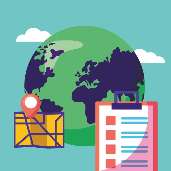 Logistieke bezorgdienst met wereldplaneet en checklist — Stockvector