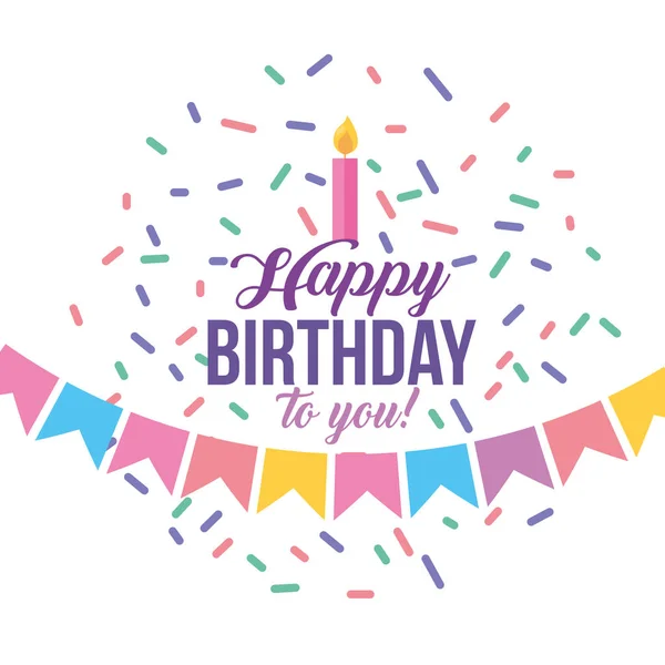 Gelukkige verjaardagskaart met kaarsen en bloemenslingers — Stockvector
