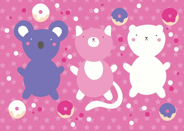 Cute kawaii postcard with animals and donuts — 스톡 벡터