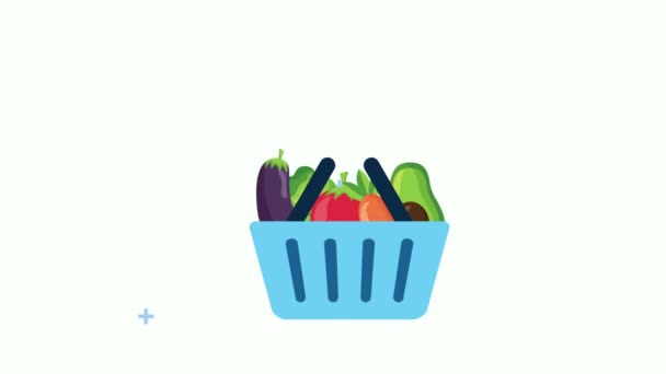 Healthy food in shopping basket with speech bubble — Stock Video