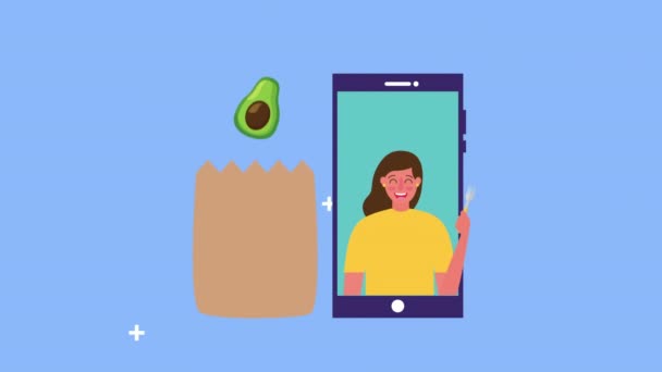 Healthy food in paper bag with woman and smartphone — Stock Video