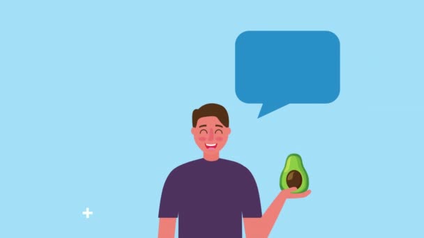 Man with fresh healthy food and speech bubble — Stock Video