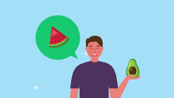 Людина зі свіжою здоровою їжею та мовною бульбашкою — стокове відео