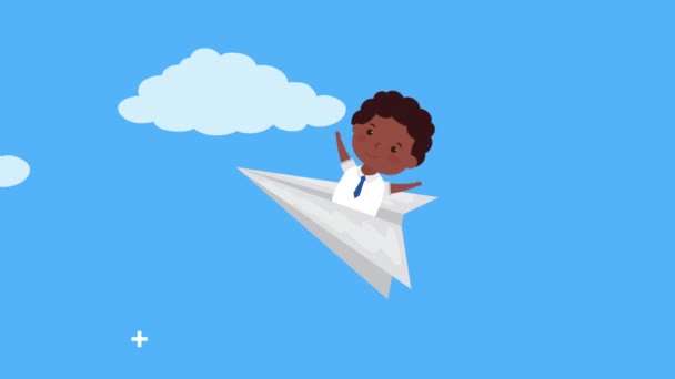 Back to school season with boy flying in paper airplane — Stock Video