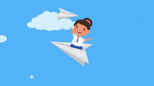 Zpět do školní sezóny s dívkou letící v papírovém letadle — Stock video