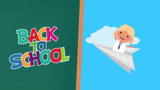 Back to school season with girl flying in paper airplane — Stock Video