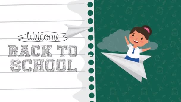 Back to school season with girl flying in paper airplane — Stock Video