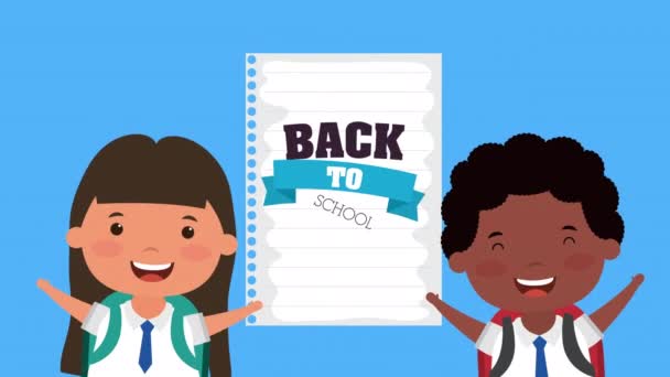 Back to school with interracial kids and paper sheet — Stock Video