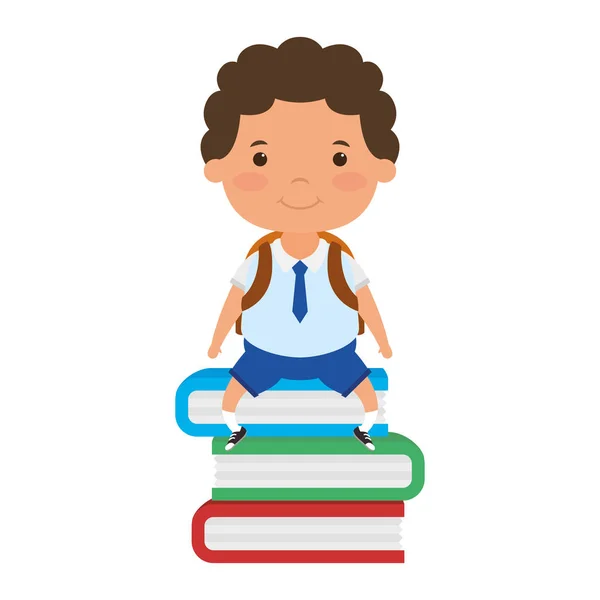 Aranyos kis diák fiú ül könyvek karakter — Stock Vector