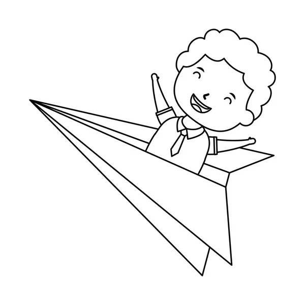 Aranyos kis diák fiú papíron repülőgép — Stock Vector