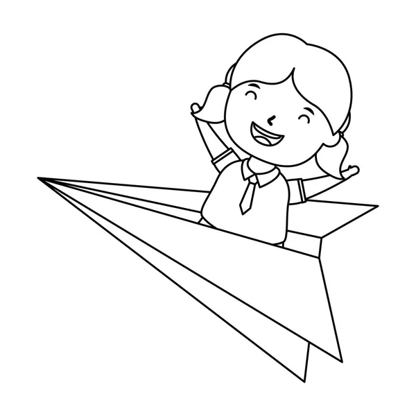 Linda niña estudiante con avión de papel — Vector de stock