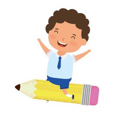 Kurşun kalemle oturan küçük sevimli öğrenci çocuk.