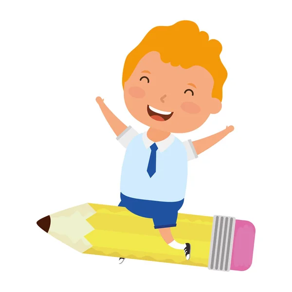 Mignon étudiant blond garçon avec assis au crayon — Image vectorielle