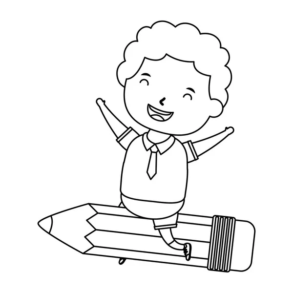 Menino estudante pequeno bonito com sentado a lápis — Vetor de Stock