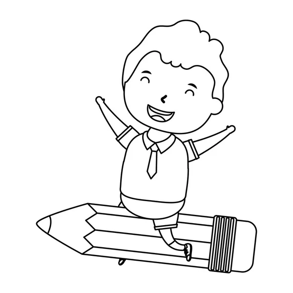 Mignon petit étudiant garçon avec assis au crayon — Image vectorielle
