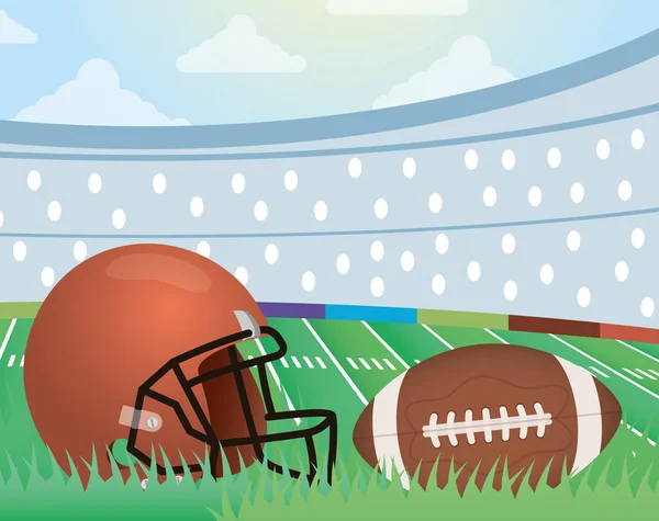 Αφίσα σπορ superbowl με κράνος και μπαλόνι στο γήπεδο — Διανυσματικό Αρχείο
