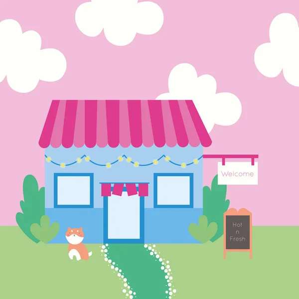 Tarjeta postal kawaii lindo con edificio de la tienda y perro — Vector de stock