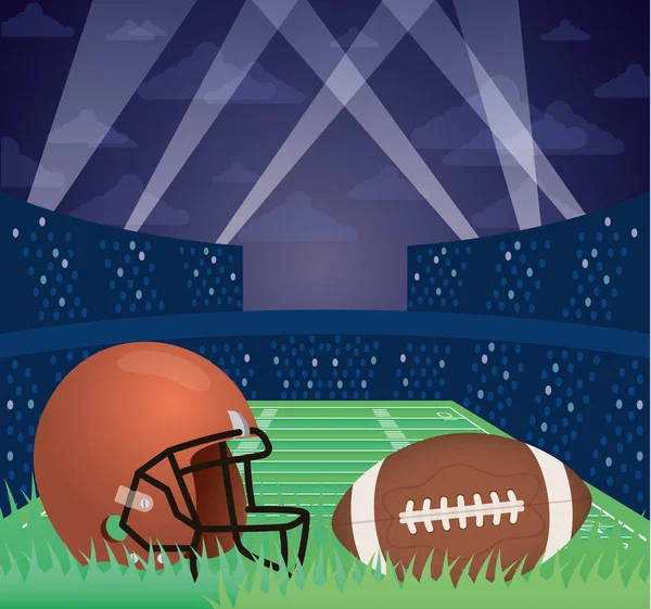 Superbowl cartaz desportivo com capacete e balão no estádio — Vetor de Stock