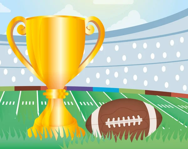 Affiche de sport superbowl avec trophée et ballon dans le stade — Image vectorielle