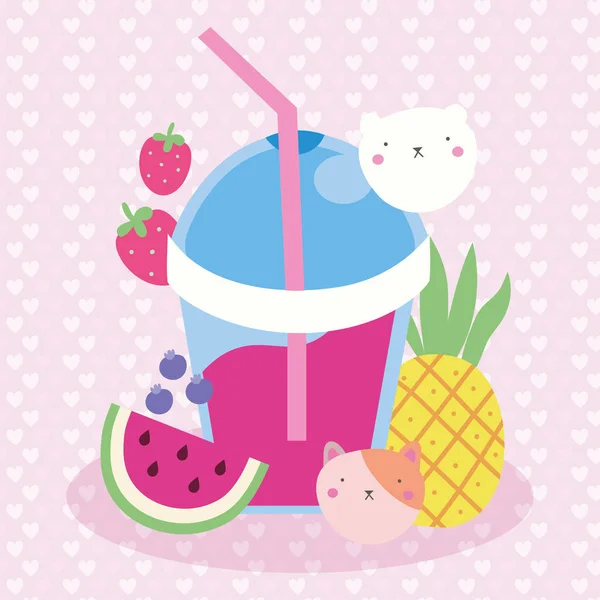 Tarjeta postal kawaii lindo con frutas de jugo y gato — Archivo Imágenes Vectoriales