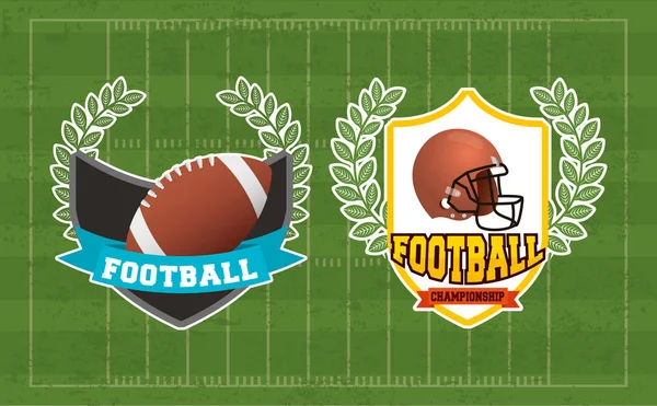 Afiche deportivo superbowl con casco y bola en escudos — Vector de stock